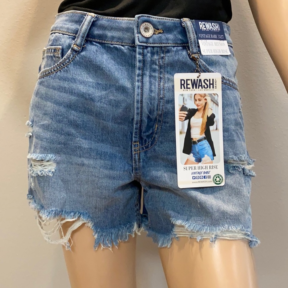 Super high rise, distressed, denim shorts with slight stretch.
